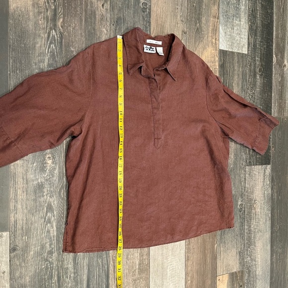 Edward Shirt Womens 1X Brown 100% Irish Linen 3/4 Sleeve Collared tunic Brown - Picture 8 of 11
